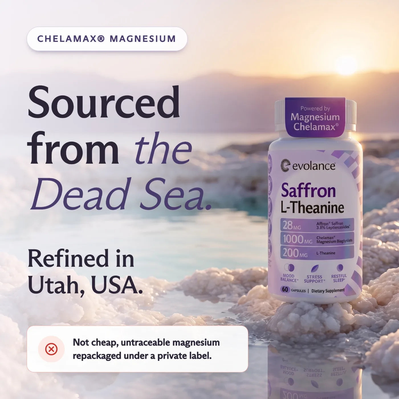 Chelamax magnesium — sourced from the Dead Sea, refined in Utah, USA